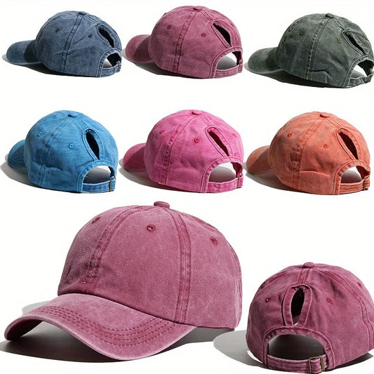 Washed Denim High Ponytail Baseball Cap