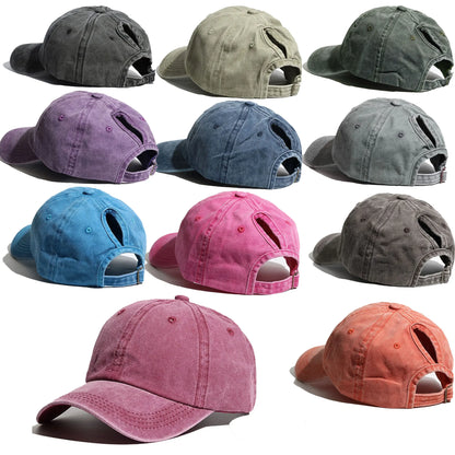 Washed Denim High Ponytail Baseball Cap