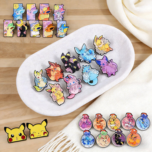 Collection of colorful enamel pins on a wooden surface with additional pins displayed.